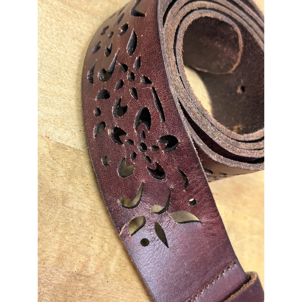 American Eagle Belt Womens XL Brown Genuine Leather Floral Laser Cut Boho Wide